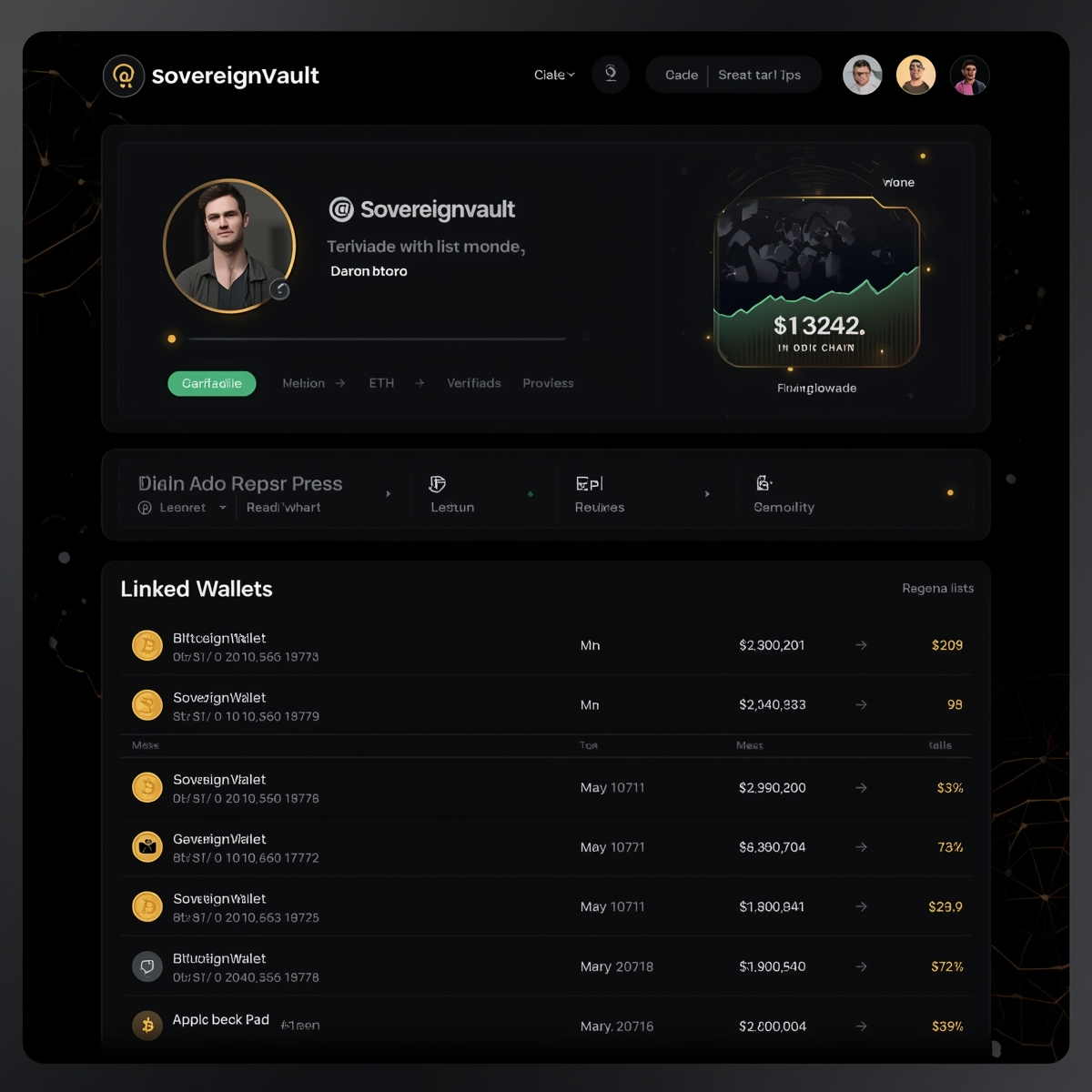 Sovereign Vault Dashboard - Profile, linked wallets, and balances